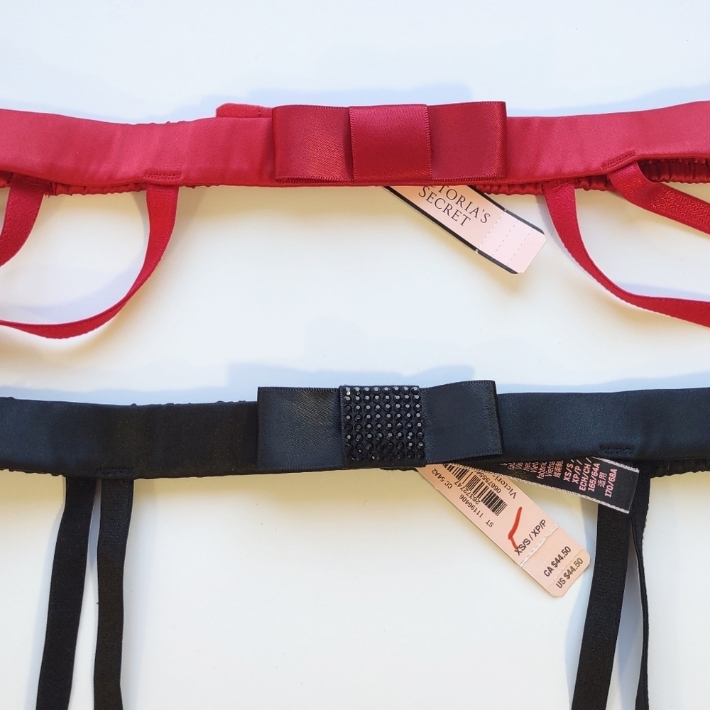 NWT  2~Victoria Secret Very Sexy Red Satin & Black Bow Garter Belts  XS/S